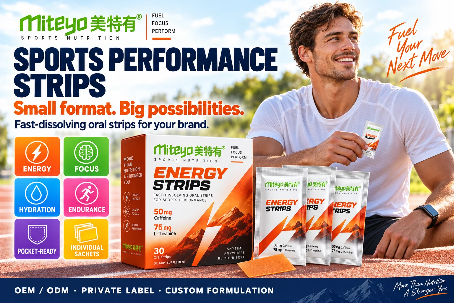 Sports Performance Strips: energy, focus, hydration and endurance concepts. OEM, ODM and private label.