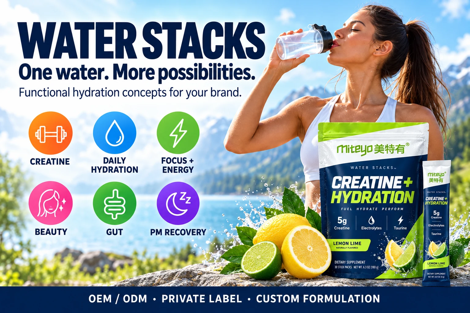 Water Stacks: six functional hydration concepts. OEM, ODM and private label.